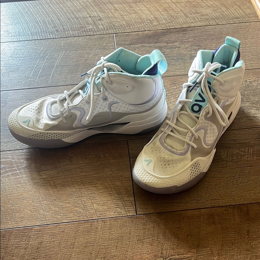 White and Teal High-Top Sneakers